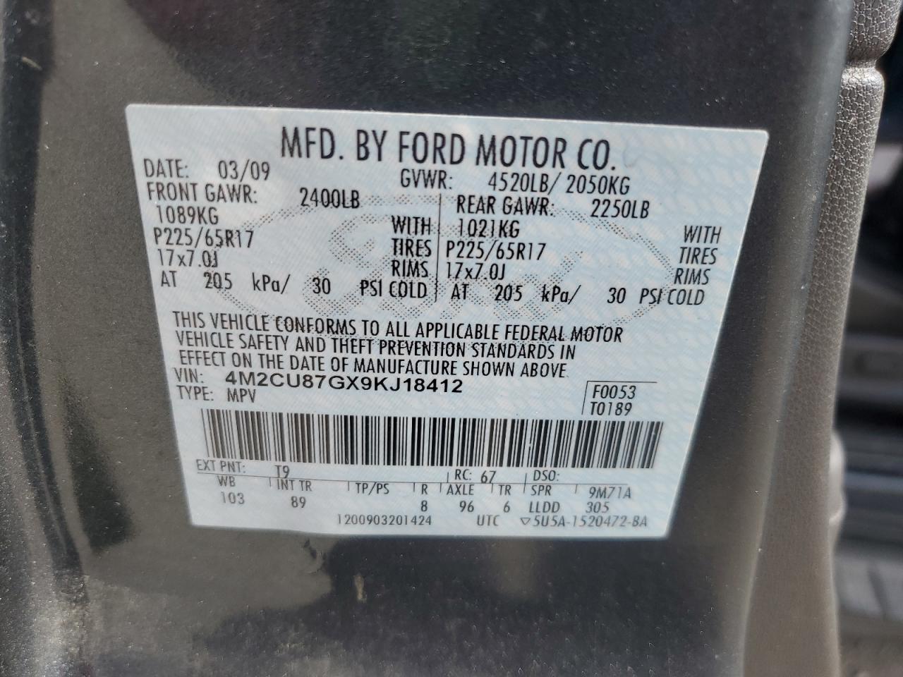 2009 Mercury Mariner Premier VIN: 4M2CU87GX9KJ18412 Lot: 65004665