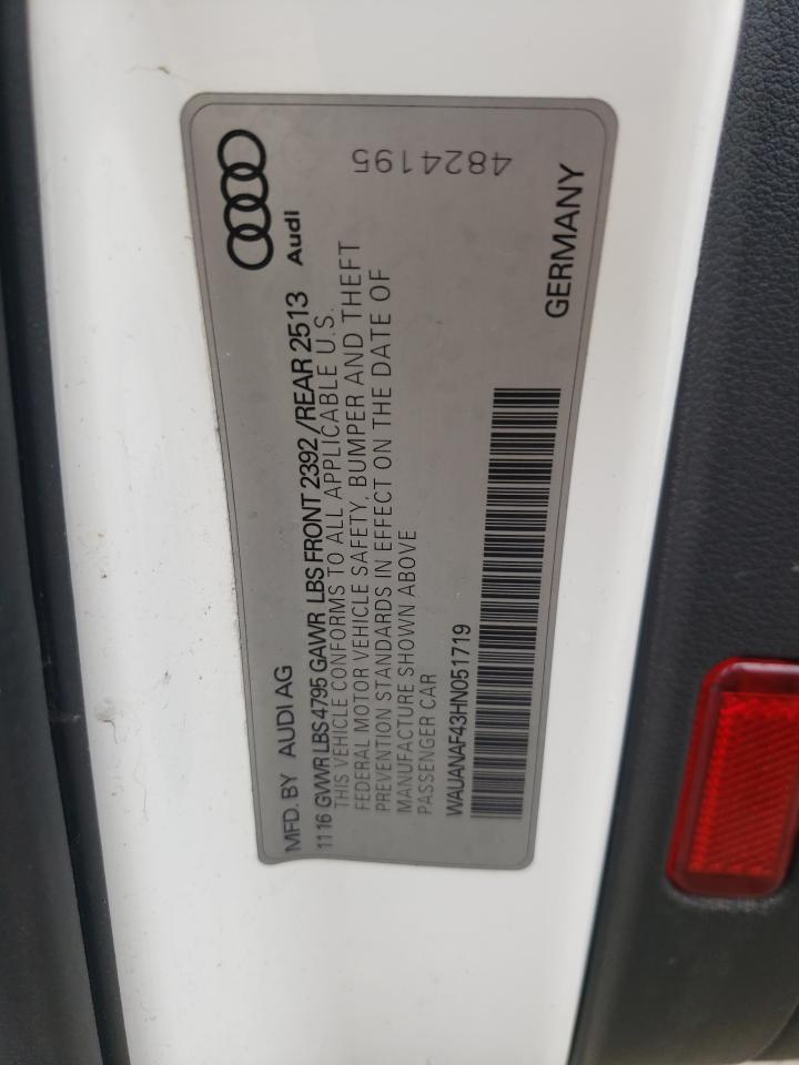 2017 Audi A4 Premium VIN: WAUANAF43HN051719 Lot: 64737775