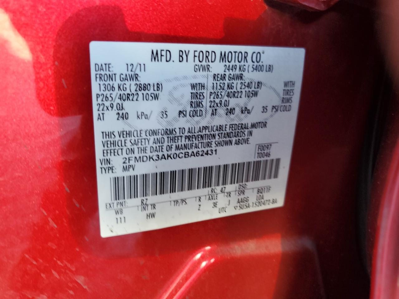 2012 Ford Edge Sport VIN: 2FMDK3AK0CBA62431 Lot: 66403295