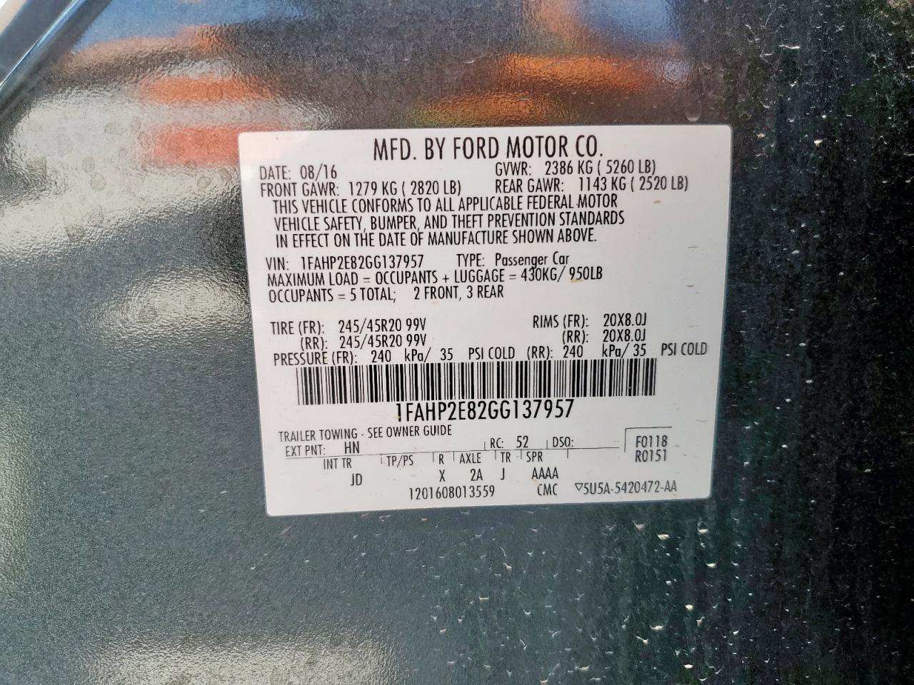 2016 Ford Taurus Sel VIN: 1FAHP2E82GG137957 Lot: 65397705