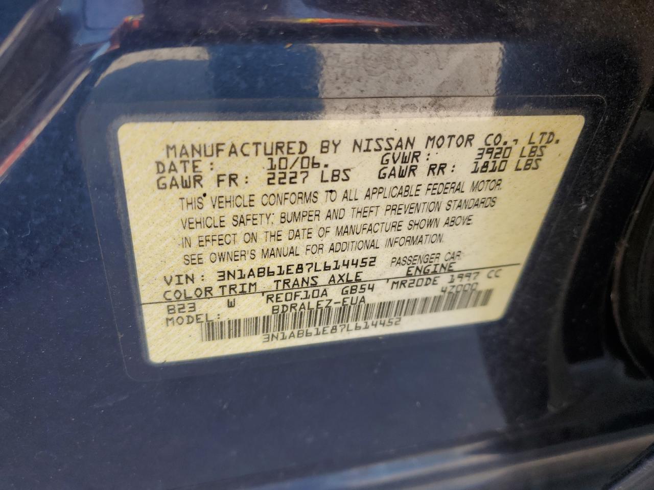 2007 Nissan Sentra 2.0 VIN: 3N1AB61E87L614452 Lot: 63783005