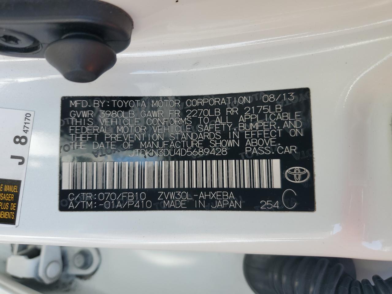 2013 Toyota Prius VIN: JTDKN3DU4D5689428 Lot: 64333765