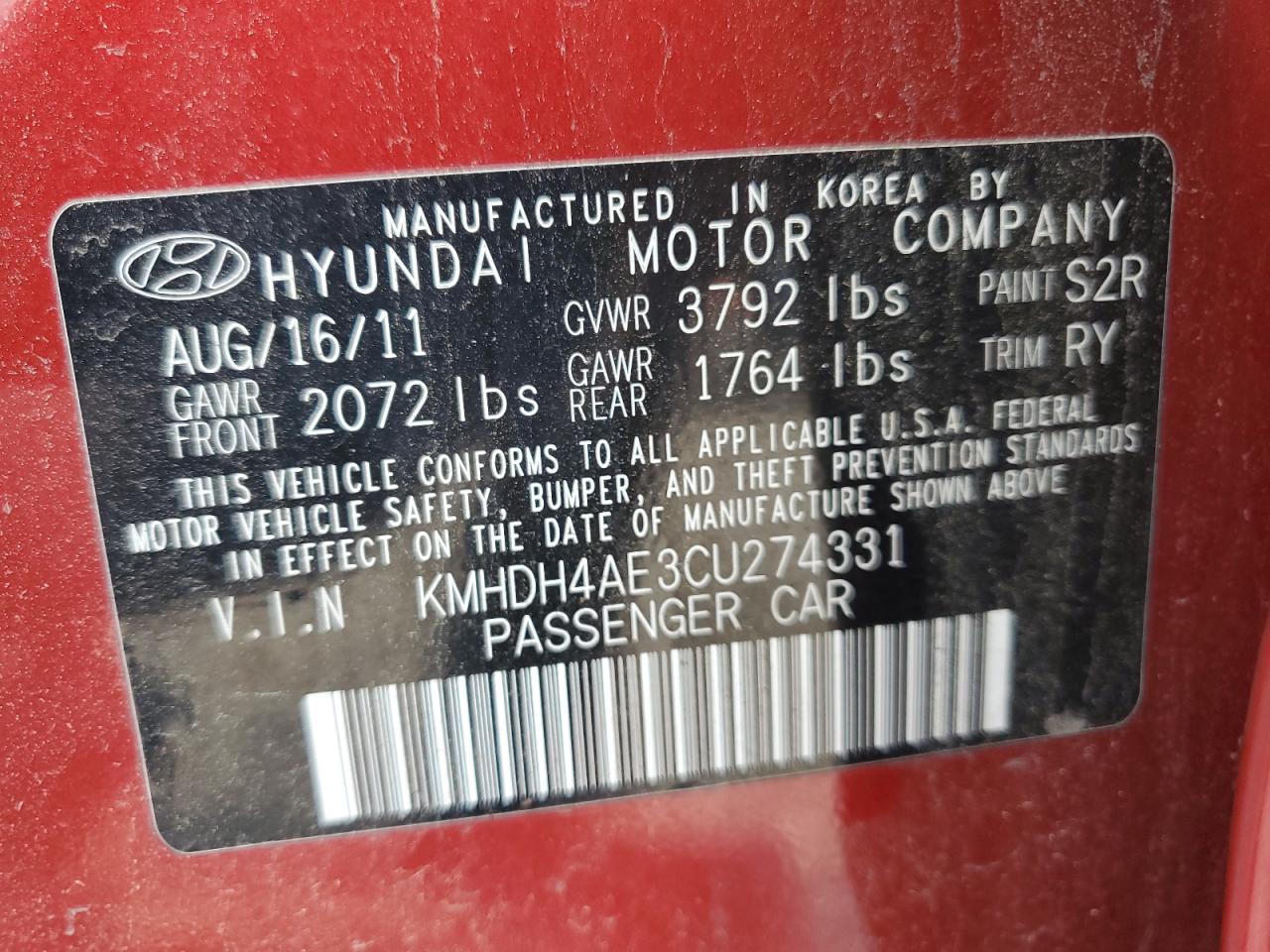 2012 Hyundai Elantra Gls VIN: KMHDH4AE3CU274331 Lot: 65242295