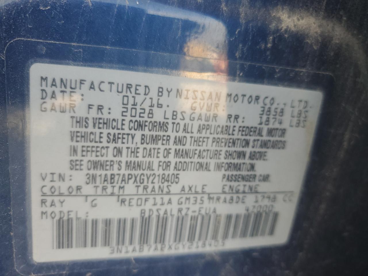3n1ab7apxgy218405 3N1AB7APXGY218405 2016 Nissan Sentra S