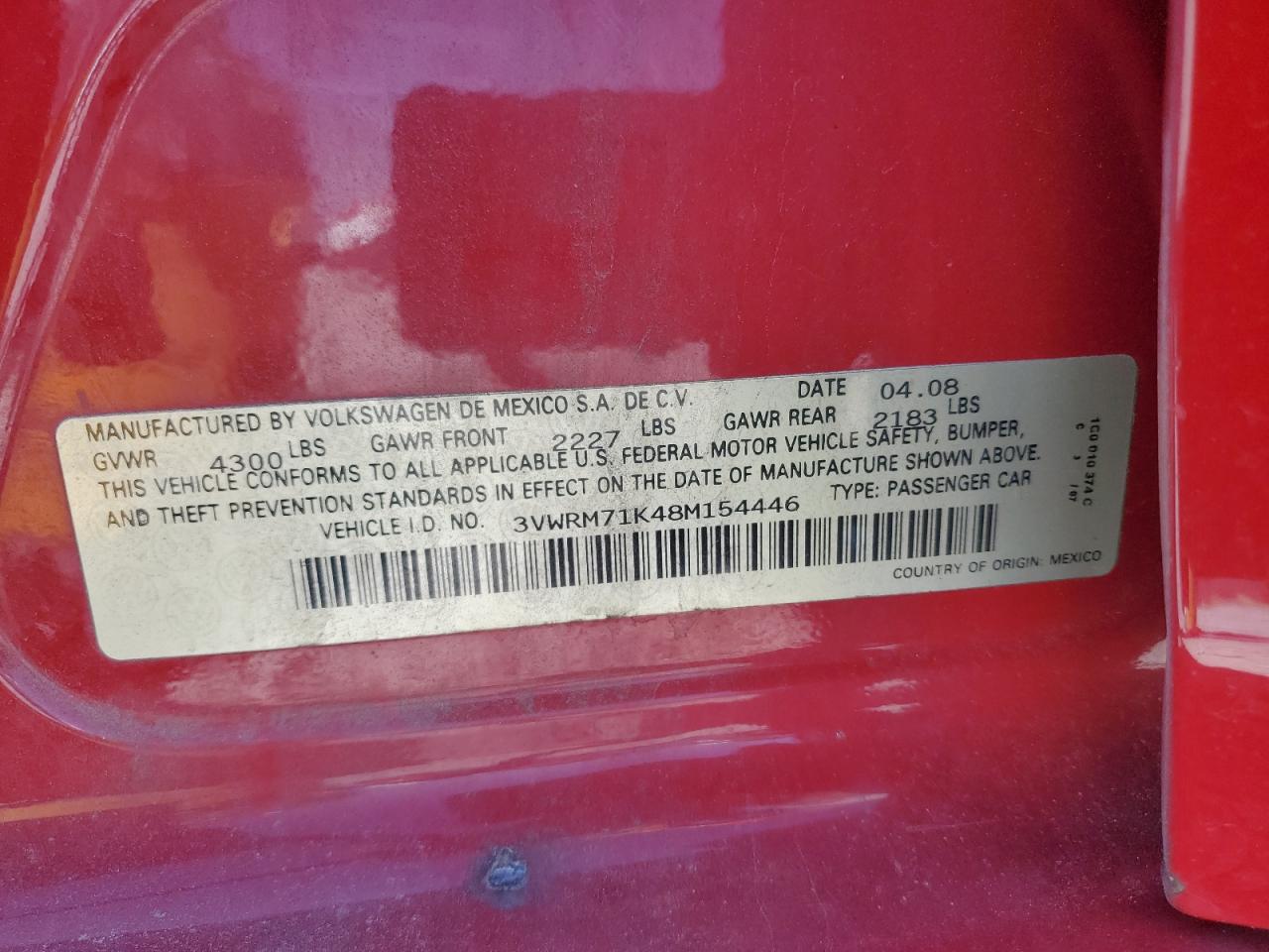 2008 Volkswagen Jetta Se VIN: 3VWRM71K48M154446 Lot: 65835965