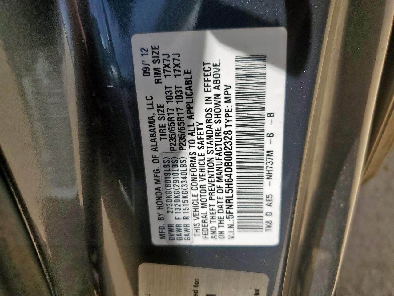 2013 Honda Odyssey Exl VIN: 5FNRL5H64DB002328 Lot: 60749125