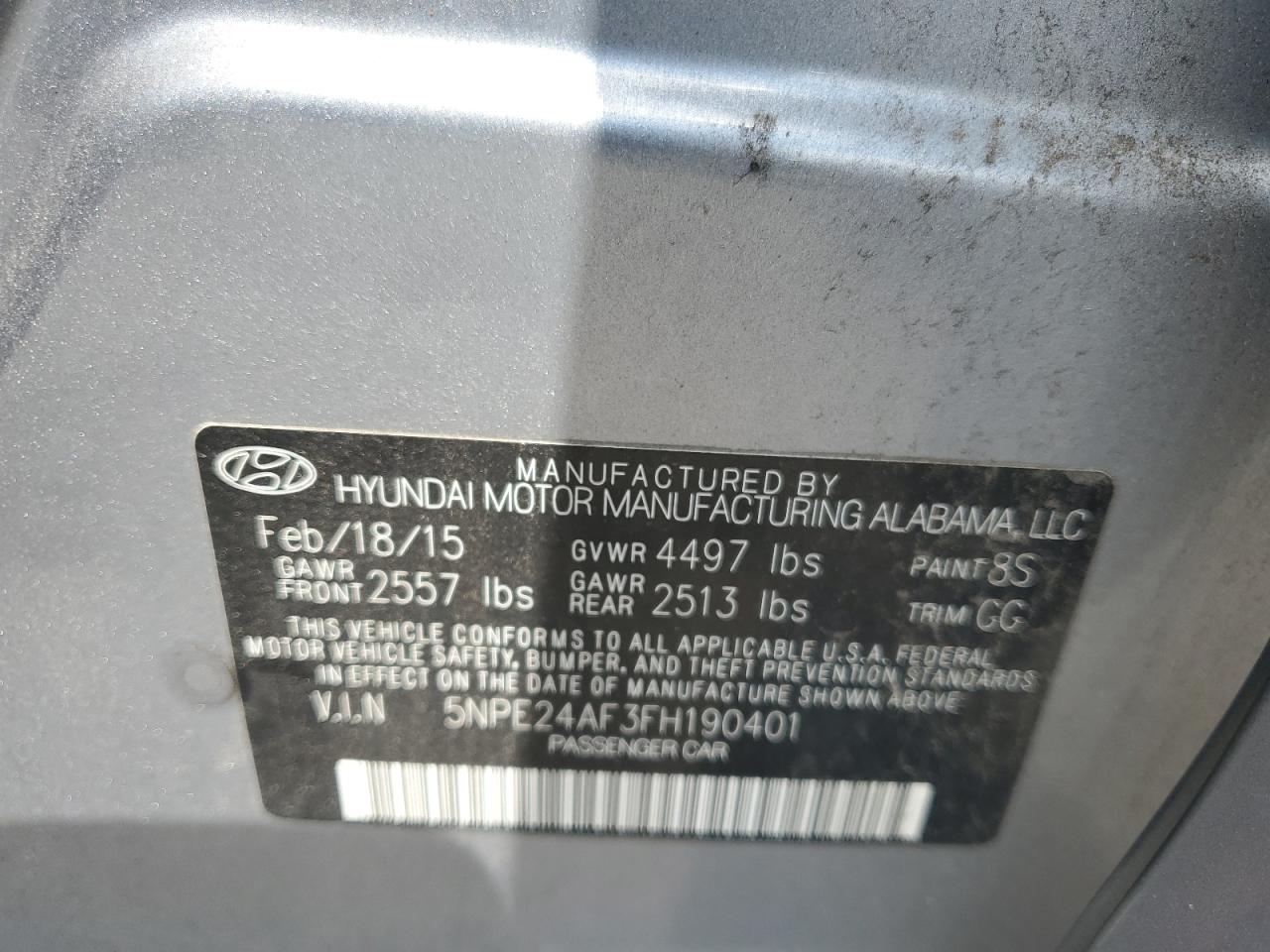 2015 Hyundai Sonata Se VIN: 5NPE24AF3FH190401 Lot: 64994955