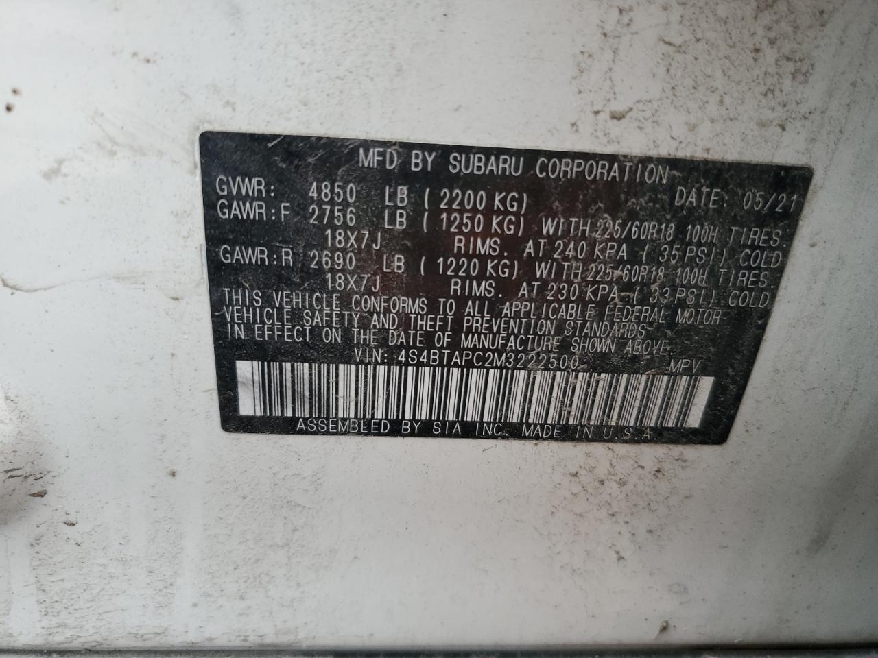 2021 Subaru Outback Touring VIN: 4S4BTAPC2M3222500 Lot: 65131595