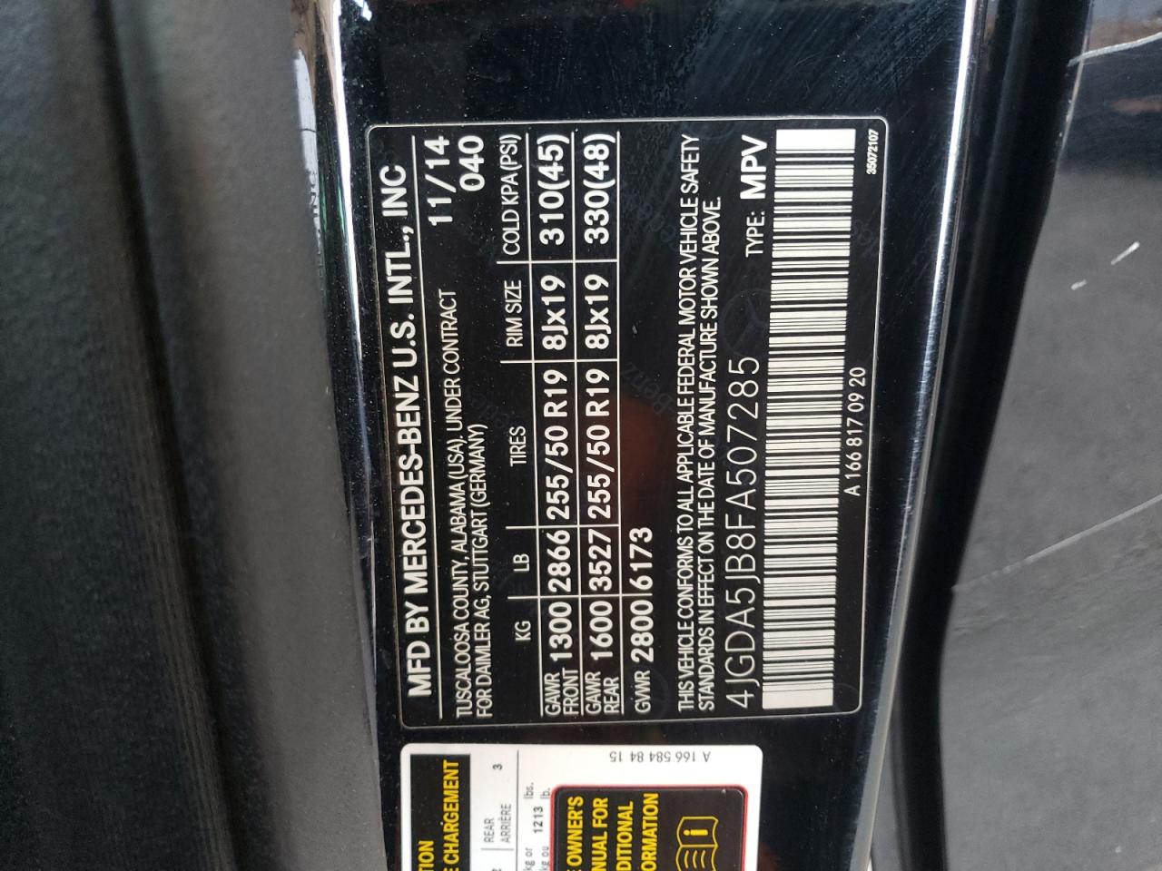 2015 Mercedes-Benz Ml 350 VIN: 4JGDA5JB8FA507285 Lot: 65079435