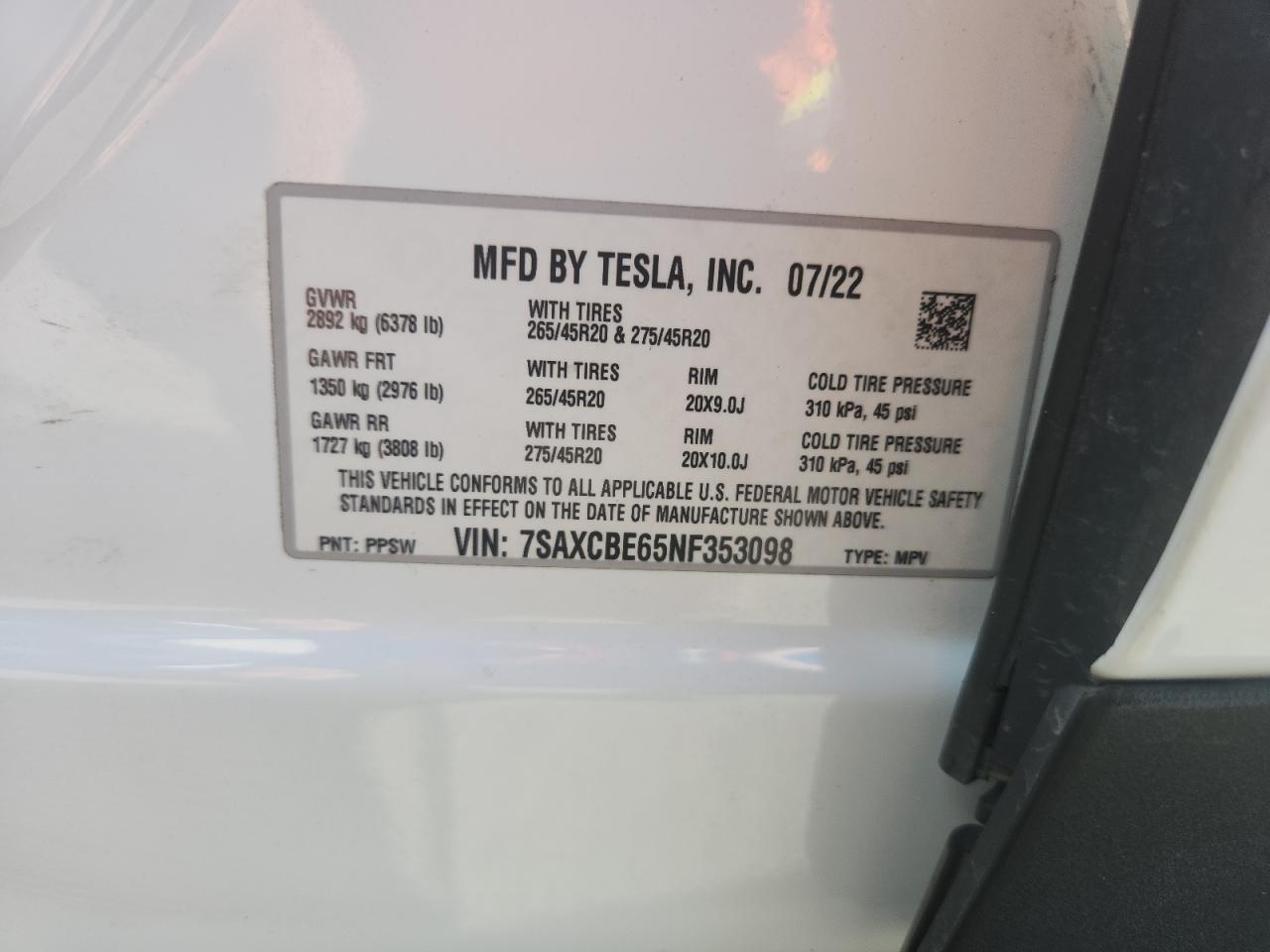 2022 Tesla Model X VIN: 7SAXCBE65NF353098 Lot: 64059735
