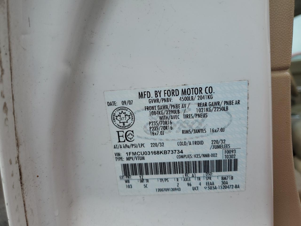 2008 Ford Escape Xlt VIN: 1FMCU03168KB73734 Lot: 63901785