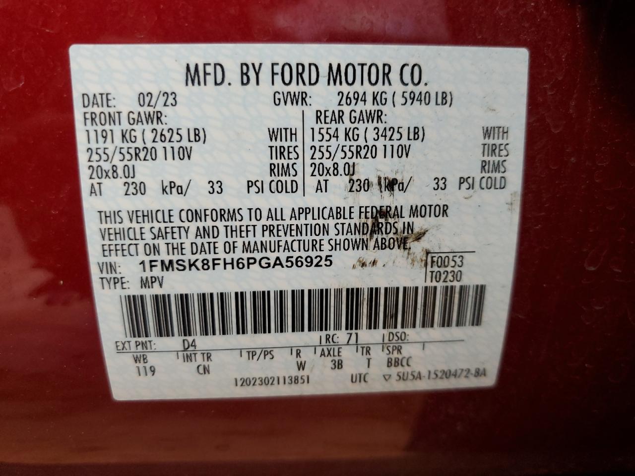 2023 Ford Explorer Limited VIN: 1FMSK8FH6PGA56925 Lot: 63457595