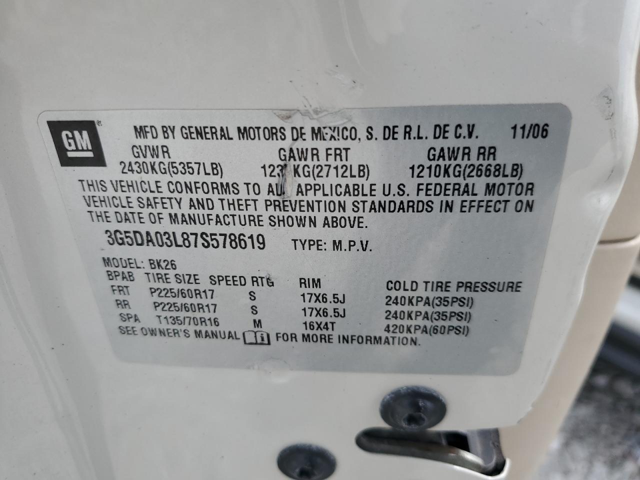 2007 Buick Rendezvous Cx VIN: 3G5DA03L87S578619 Lot: 66510015