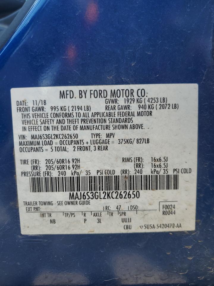 2019 Ford Ecosport Se VIN: MAJ6S3GL2KC262650 Lot: 63936485