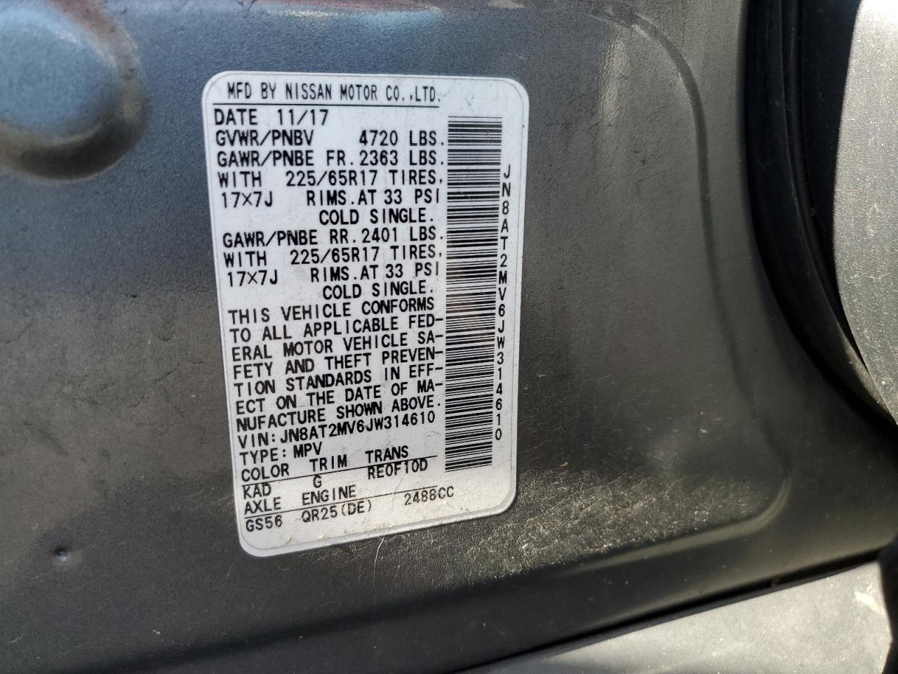 2018 Nissan Rogue S VIN: JN8AT2MV6JW314610 Lot: 64987725