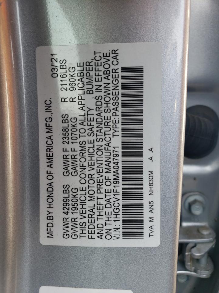2021 Honda Accord Lx VIN: 1HGCV1F19MA047971 Lot: 65884925