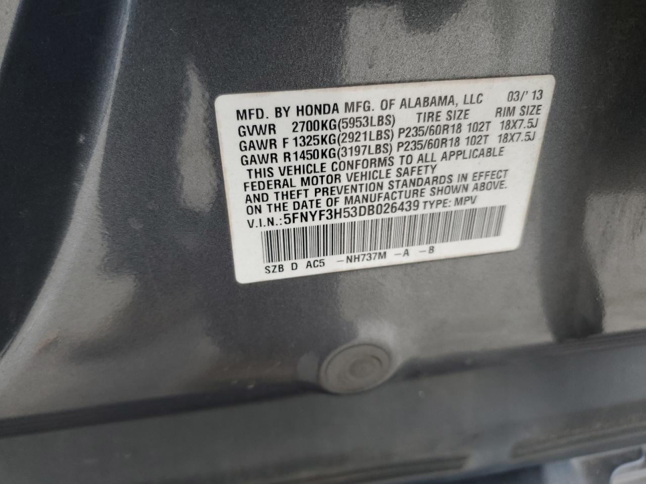 2013 Honda Pilot Exl VIN: 5FNYF3H53DB026439 Lot: 64996915