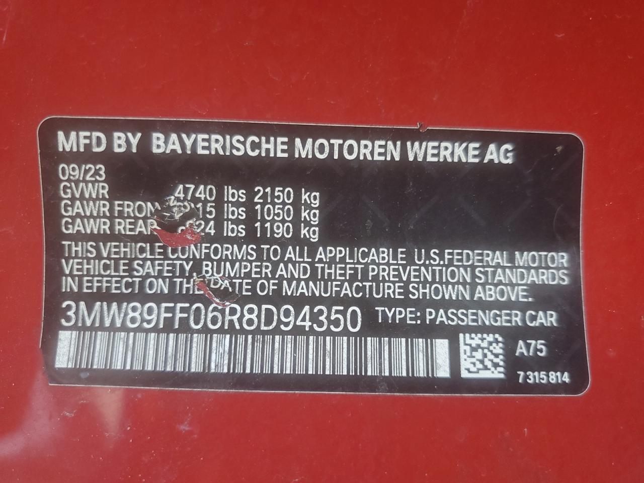 2024 BMW 330Xi VIN: 3MW89FF06R8D94350 Lot: 63394875