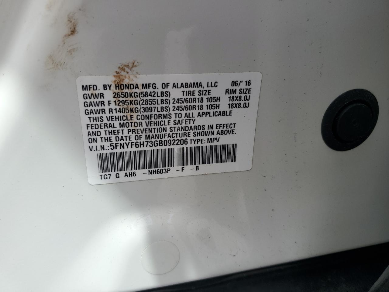 2016 Honda Pilot Exln VIN: 5FNYF6H73GB092206 Lot: 63368595