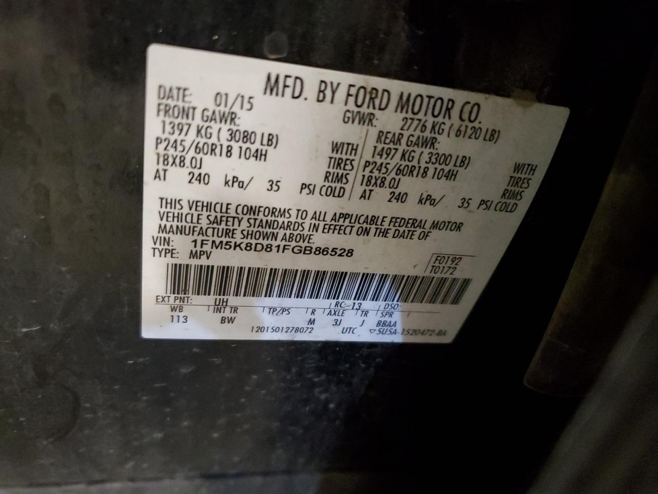 2015 Ford Explorer Xlt VIN: 1FM5K8D81FGB86528 Lot: 64489545