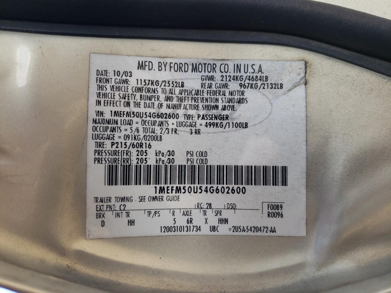 2004 Mercury Sable Gs VIN: 1MEFM50U54G602600 Lot: 64852405