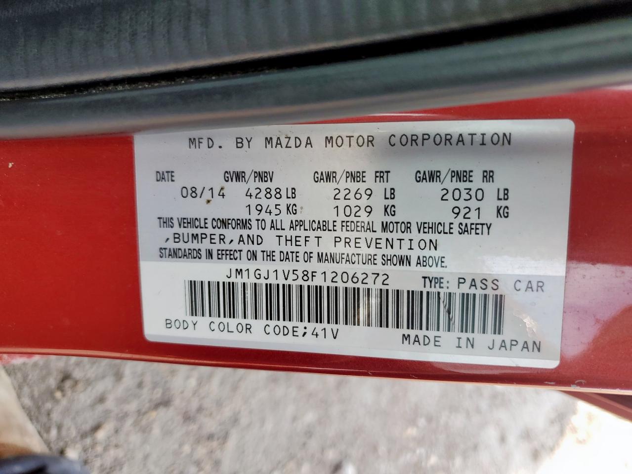 2015 Mazda 6 Touring VIN: JM1GJ1V58F1206272 Lot: 62289155