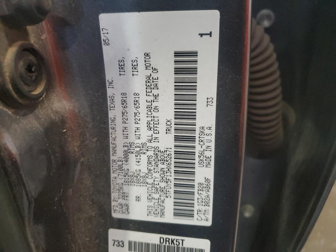 2017 Toyota Tundra Double Cab Sr VIN: 5TFUY5F13HX652671 Lot: 63103295