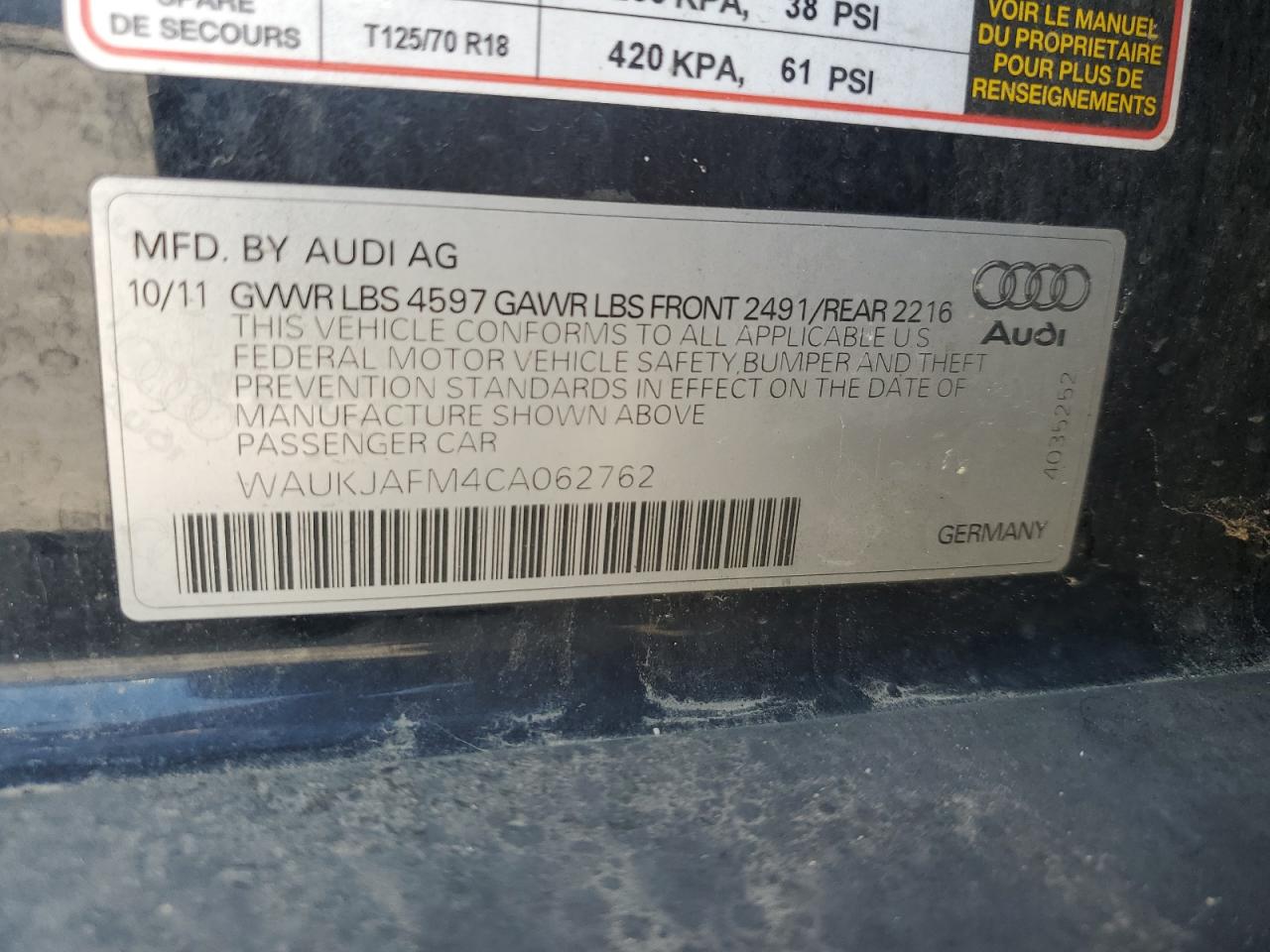 2012 Audi A3 Premium Plus VIN: WAUKJAFM4CA062762 Lot: 64143335