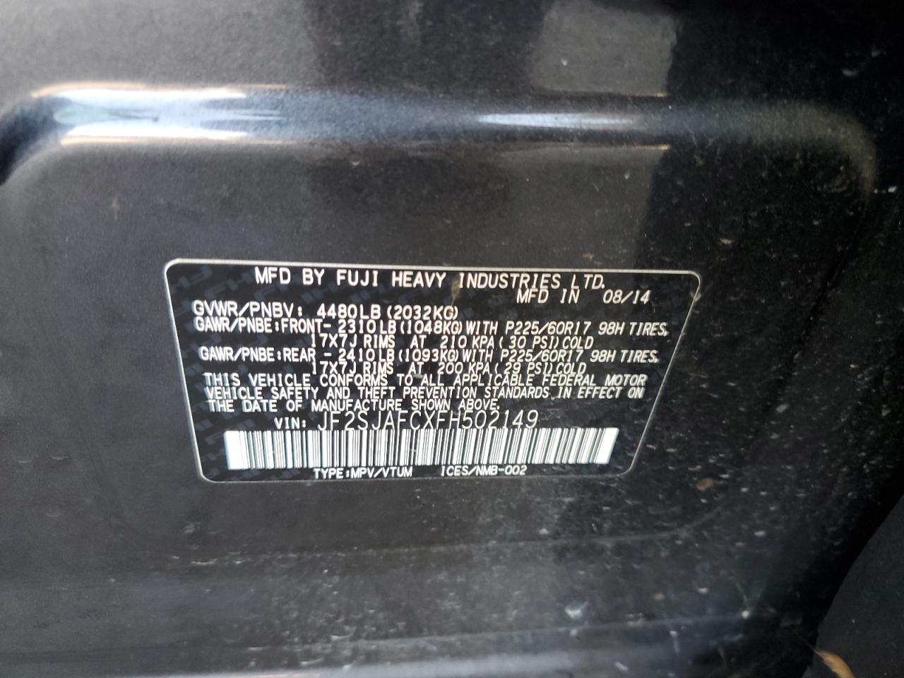 2015 Subaru Forester 2.5I Premium VIN: JF2SJAFCXFH502149 Lot: 64324745