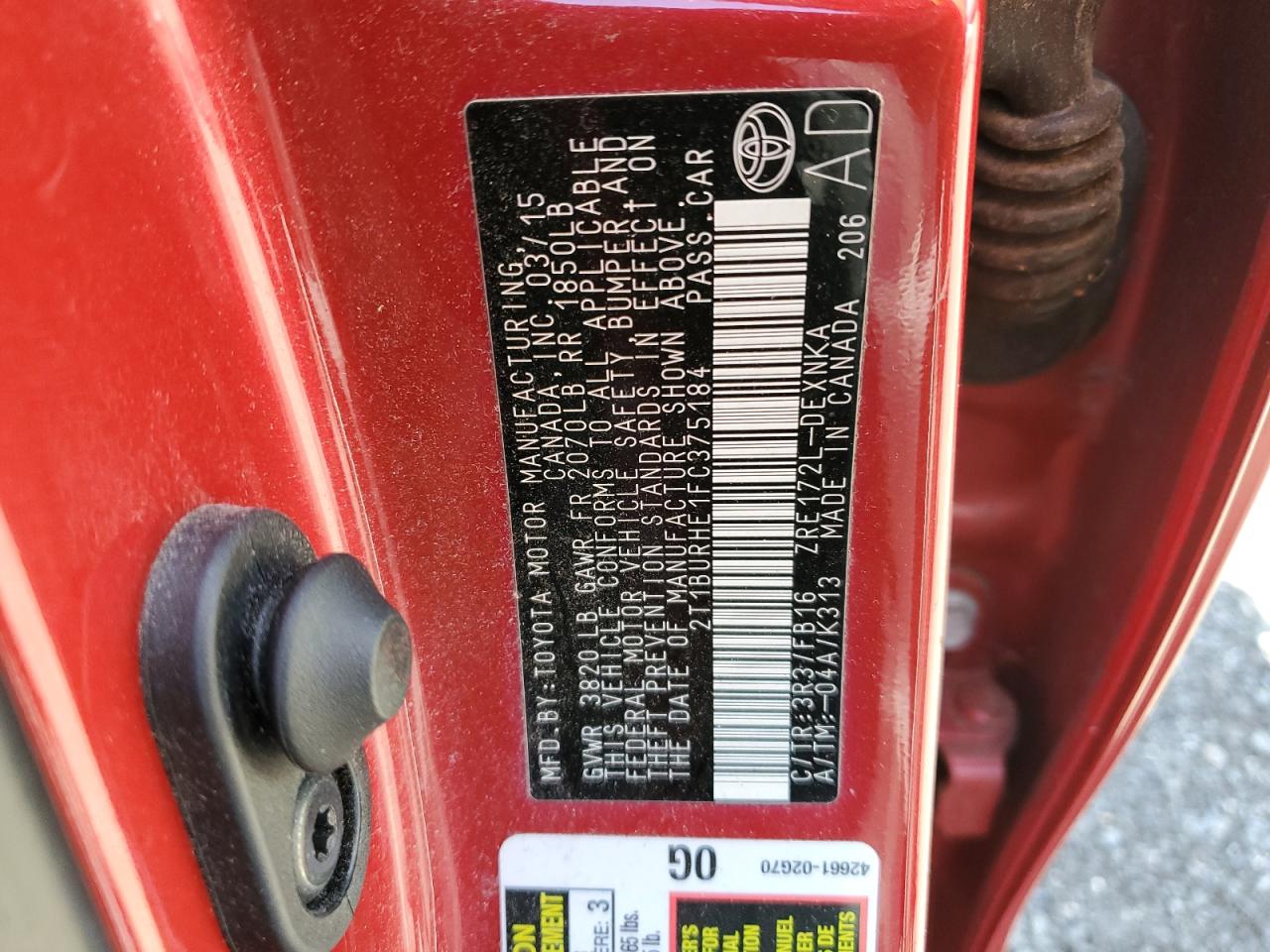2015 Toyota Corolla L VIN: 2T1BURHE1FC375184 Lot: 64788635