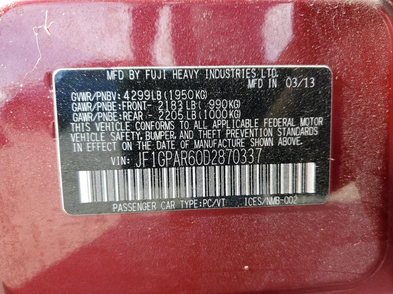 2013 Subaru Impreza Sport Limited VIN: JF1GPAR60D2870337 Lot: 63477085