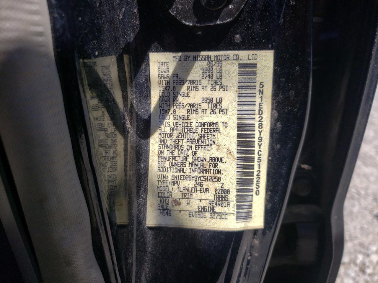 2000 Nissan Xterra Xe VIN: 5N1ED28Y9YC512250 Lot: 64848575