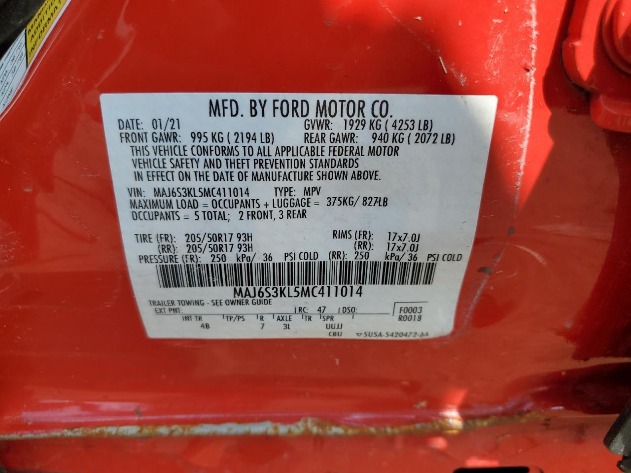2021 Ford Ecosport Titanium VIN: MAJ6S3KL5MC411014 Lot: 64637635