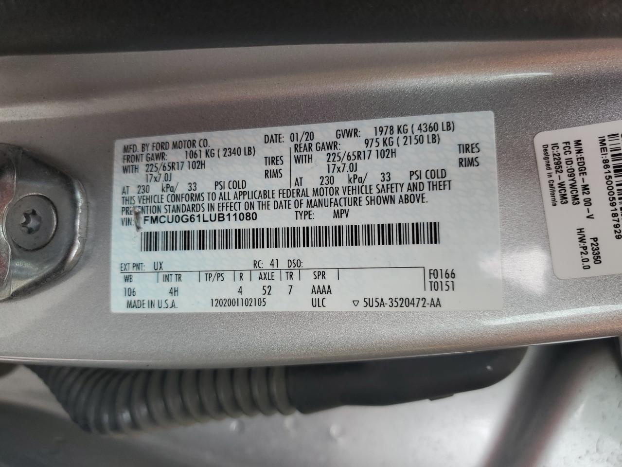 2020 Ford Escape Se VIN: 1FMCU0G61LUB11080 Lot: 65213605