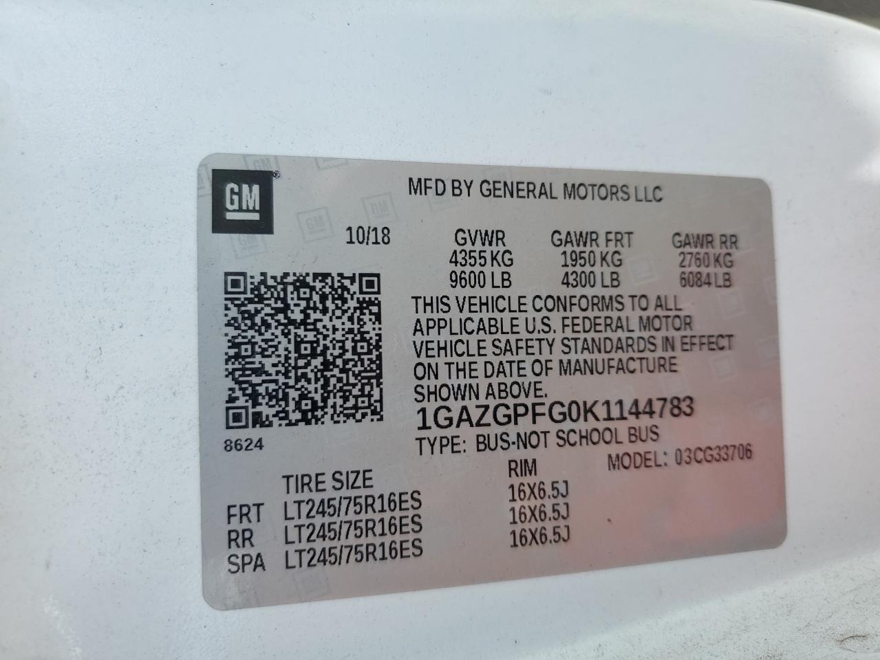 2019 Chevrolet Express G3500 Lt VIN: 1GAZGPFG0K1144783 Lot: 65181195