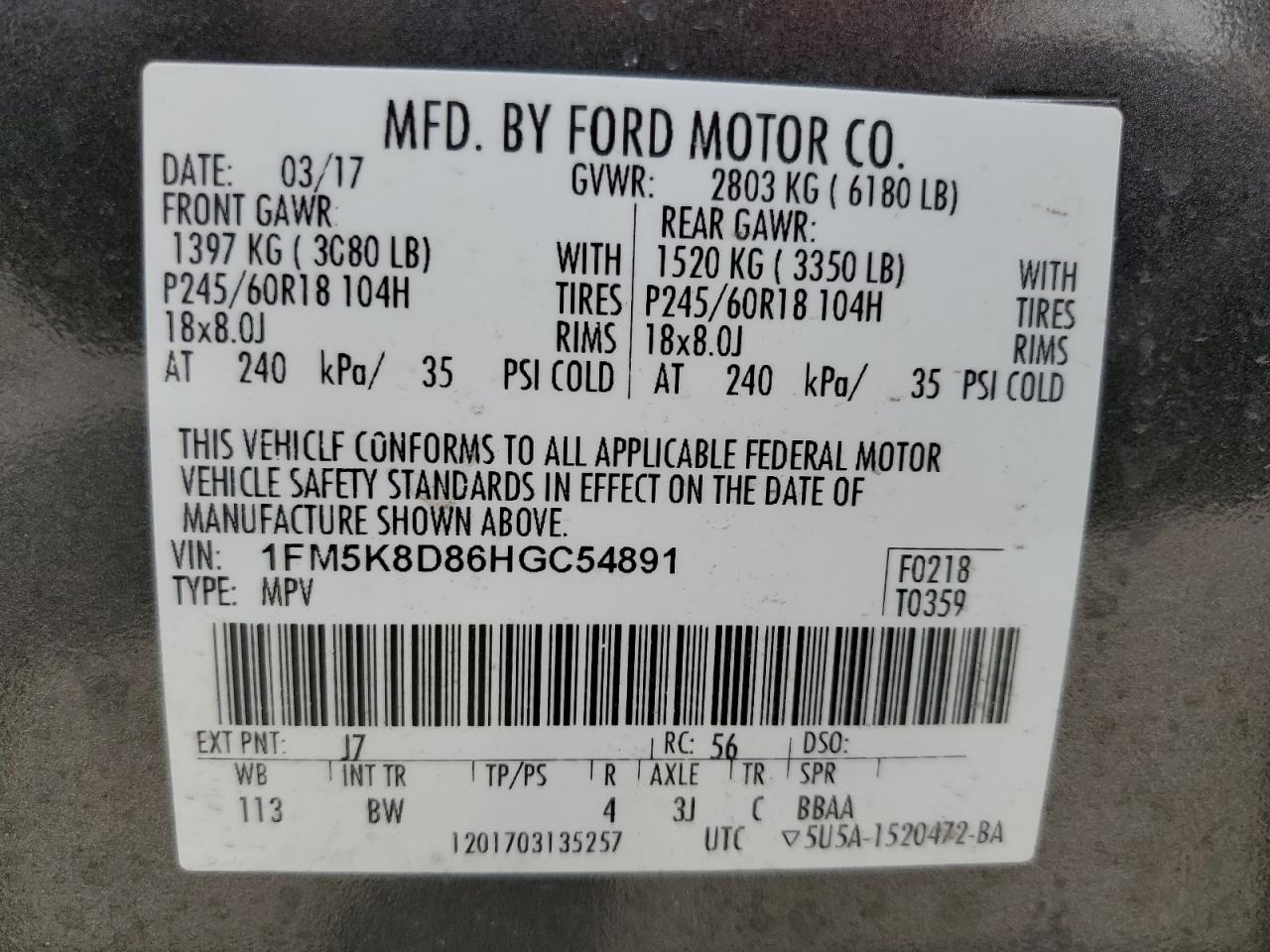 2017 Ford Explorer Xlt VIN: 1FM5K8D86HGC54891 Lot: 65214745