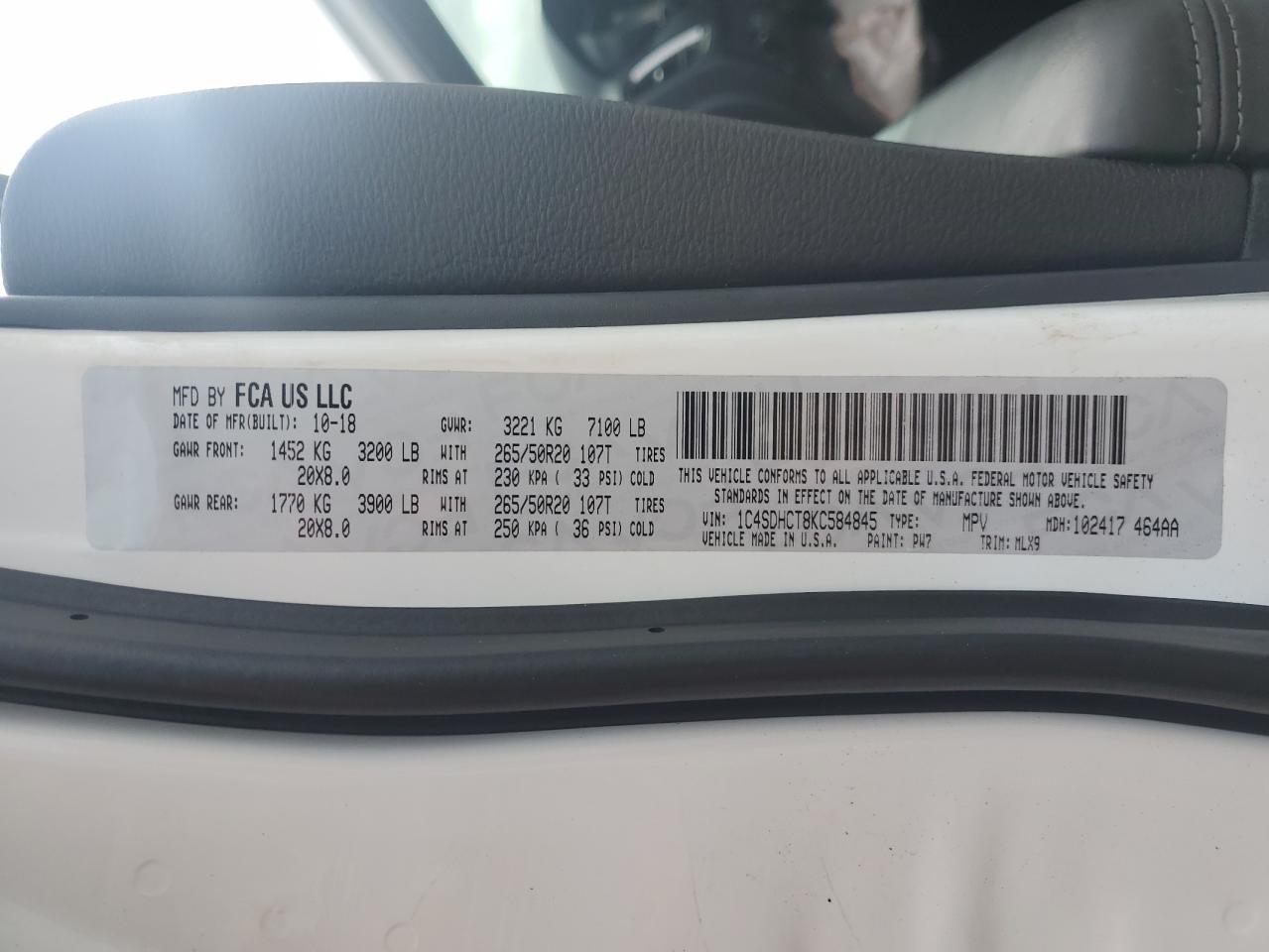 2019 Dodge Durango R/T VIN: 1C4SDHCT8KC584845 Lot: 64805555