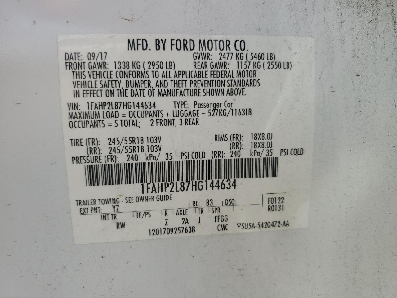 2017 Ford Taurus Police Interceptor VIN: 1FAHP2L87HG144634 Lot: 65370835