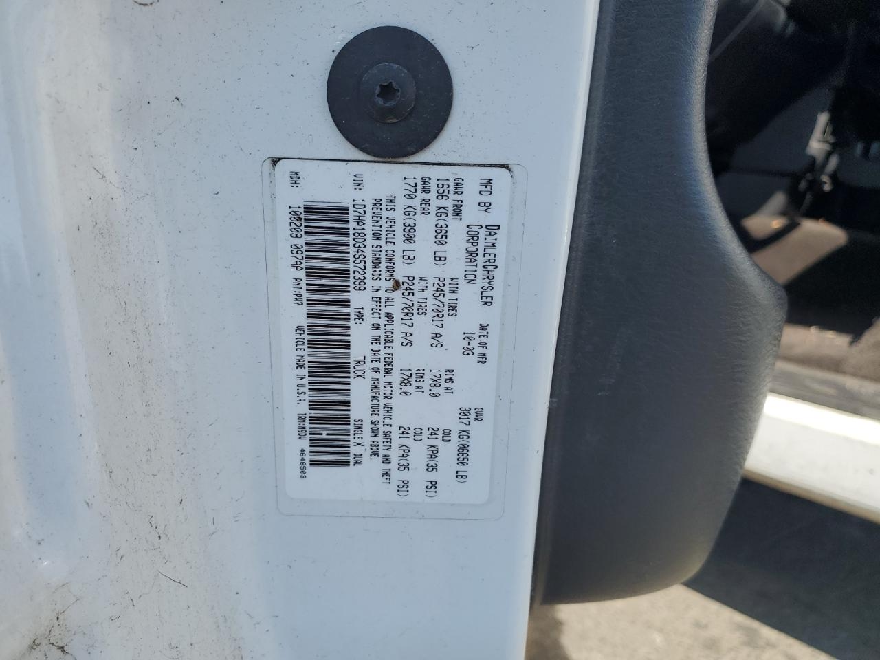 2005 Dodge Ram 1500 St VIN: 1D7HA18D34S572399 Lot: 65064435