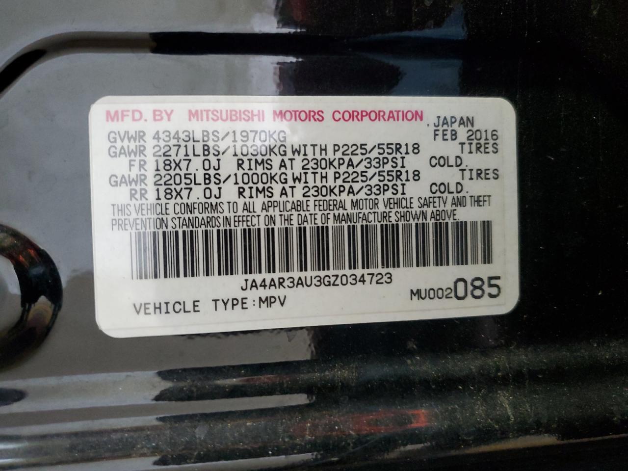 2016 Mitsubishi Outlander Sport Es VIN: JA4AR3AU3GZ034723 Lot: 64508655
