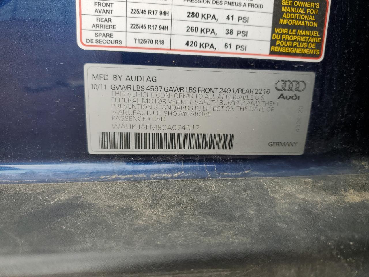 2012 Audi A3 Premium Plus VIN: WAUKJAFM9CA074017 Lot: 64867405