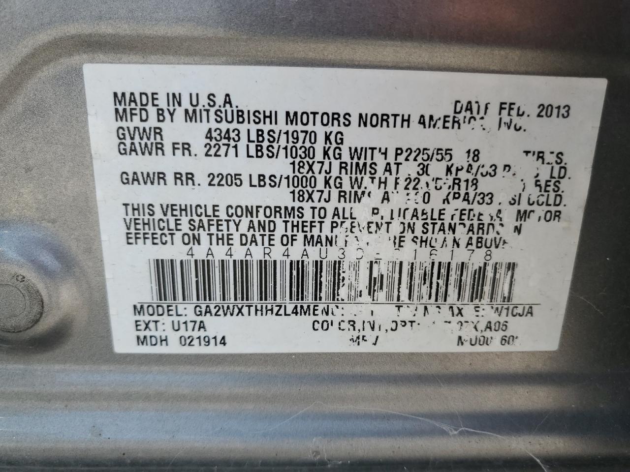 2013 Mitsubishi Outlander Sport Se VIN: 4A4AR4AU3DE016178 Lot: 64701795