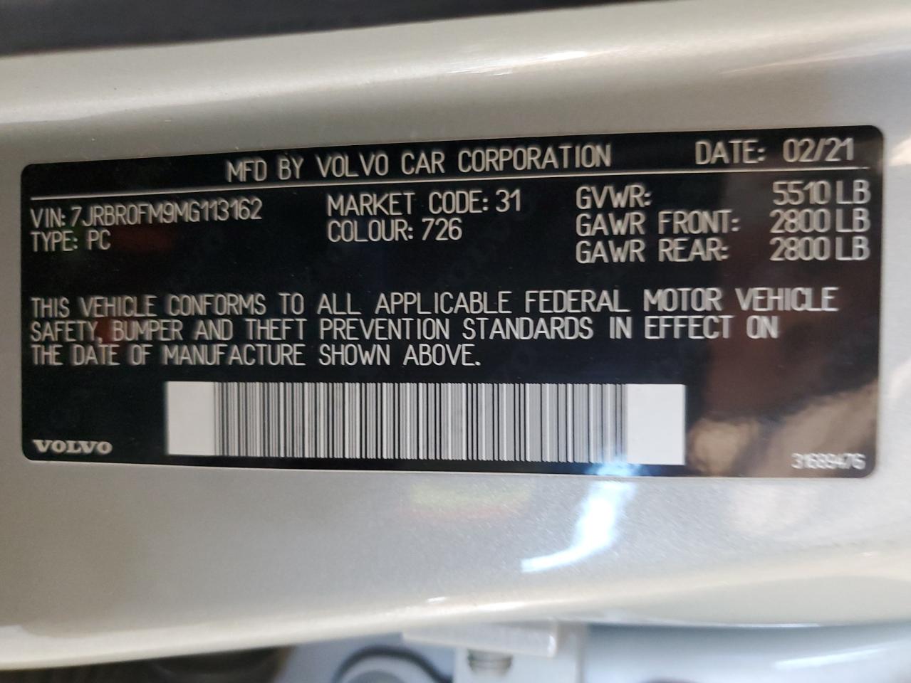 2021 Volvo S60 T8 Recharge R-Design VIN: 7JRBR0FM9MG113162 Lot: 67414045