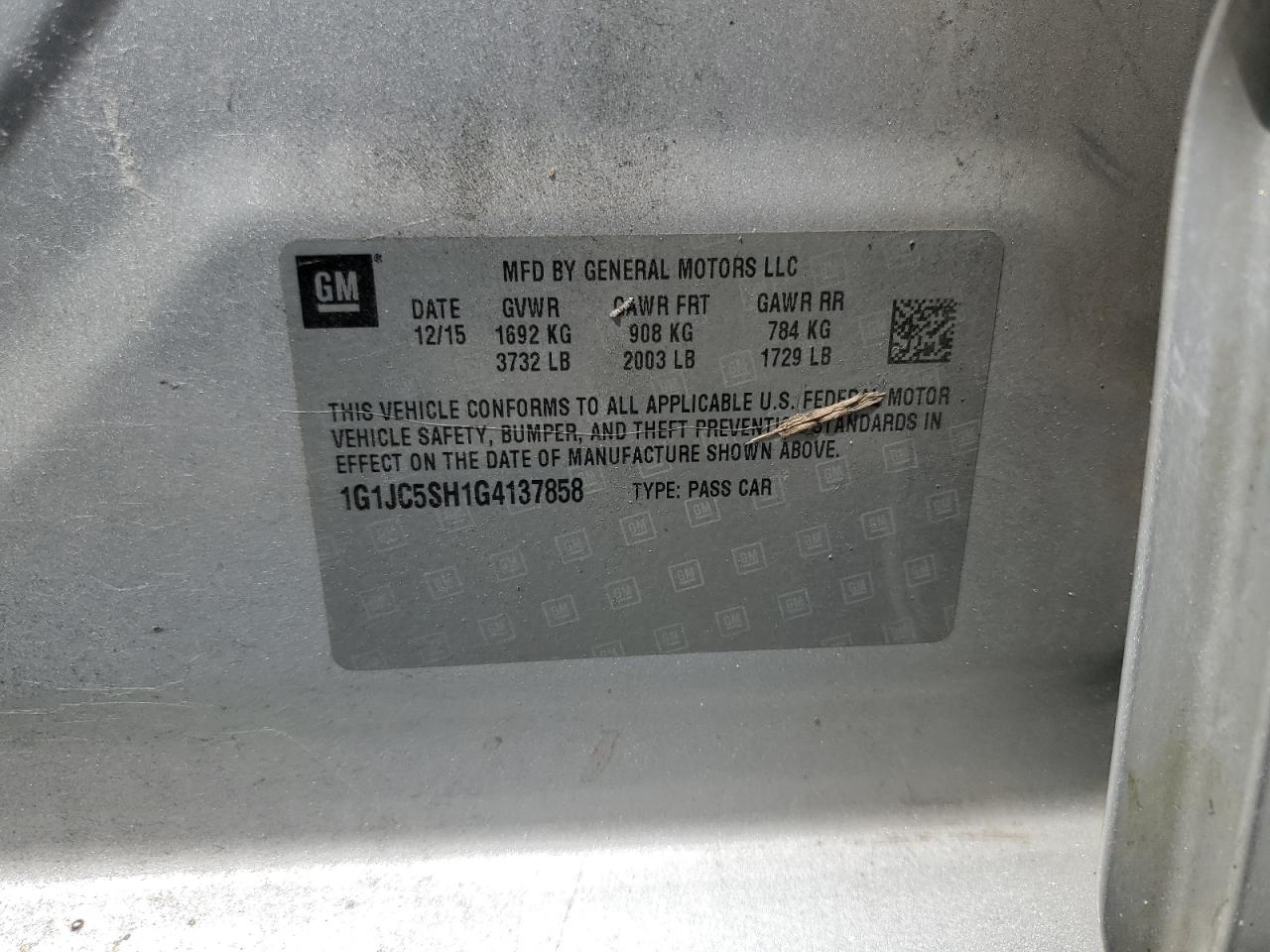 2016 Chevrolet Sonic Lt VIN: 1G1JC5SH1G4137858 Lot: 64064905