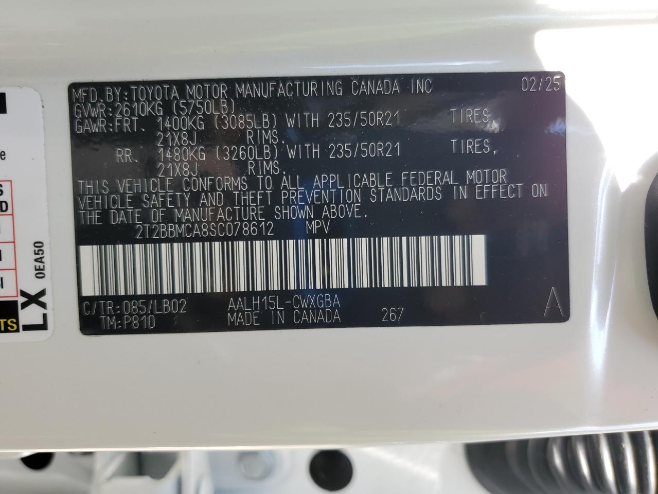 2025 Lexus Rx 350H Base VIN: 2T2BBMCA8SC078612 Lot: 62098455