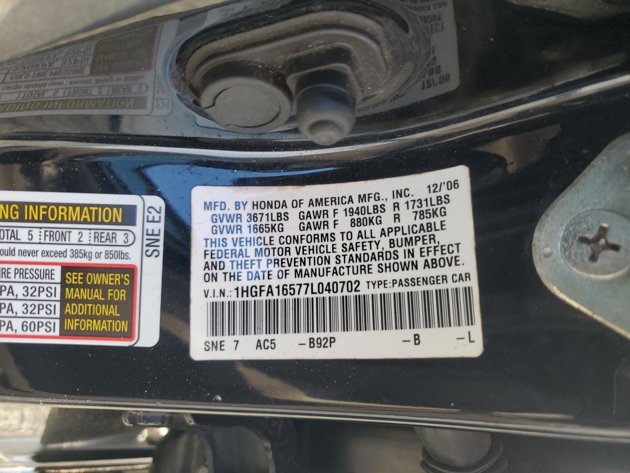 2007 Honda Civic Lx VIN: 1HGFA16577L040702 Lot: 64034615