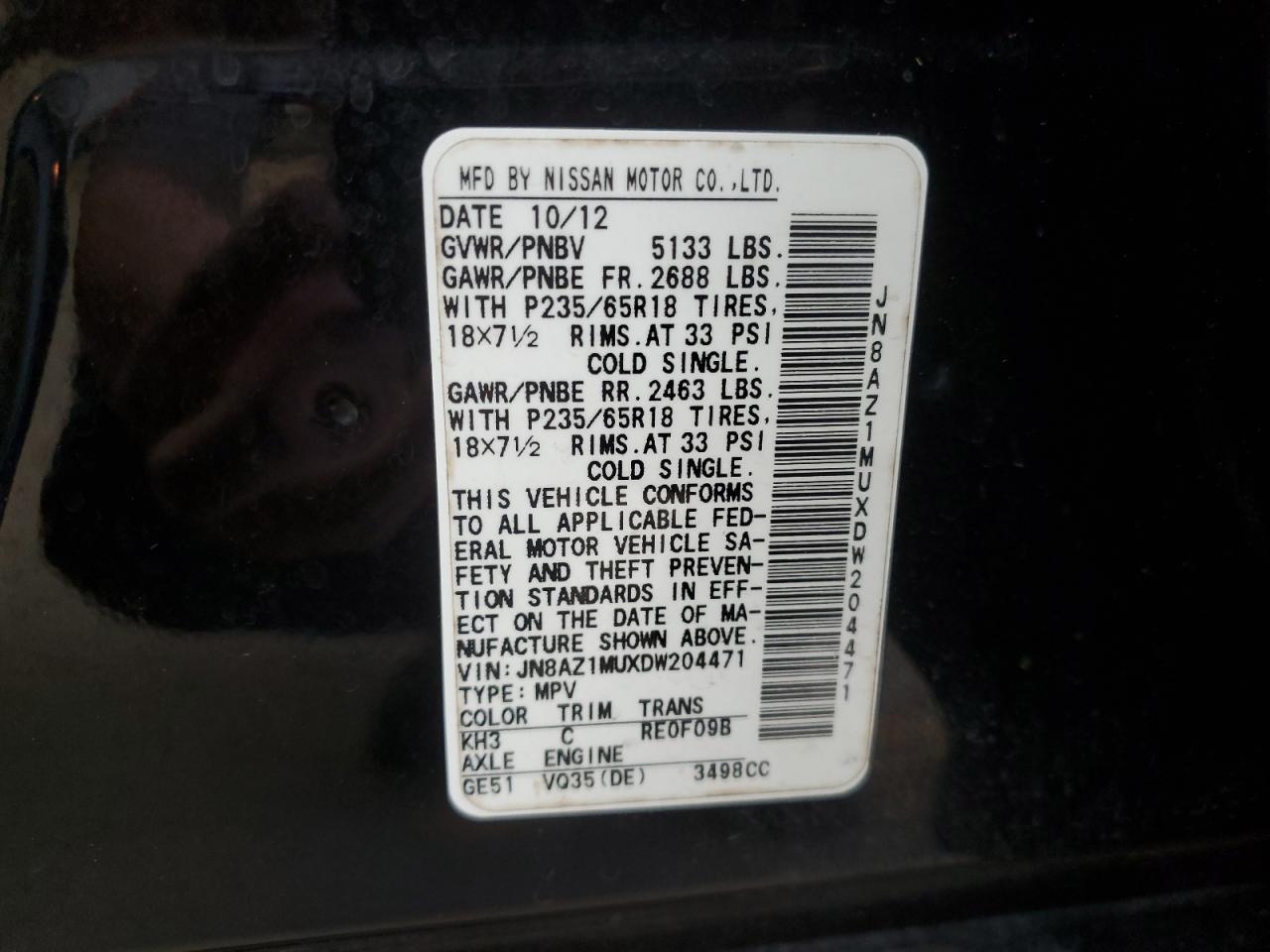 2013 Nissan Murano S VIN: JN8AZ1MUXDW204471 Lot: 63834165