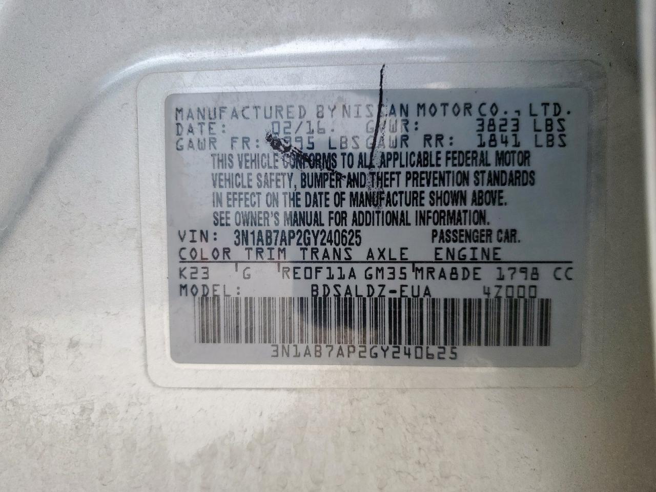 2016 Nissan Sentra S VIN: 3N1AB7AP2GY240625 Lot: 63134405