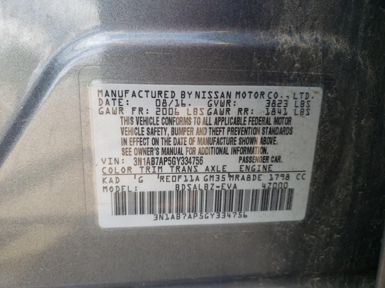 2016 Nissan Sentra S VIN: 3N1AB7AP5GY334756 Lot: 64614075