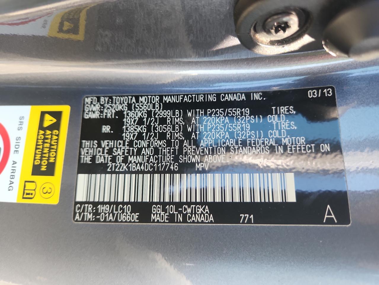 2013 Lexus Rx 350 VIN: 2T2ZK1BA4DC117746 Lot: 65650215